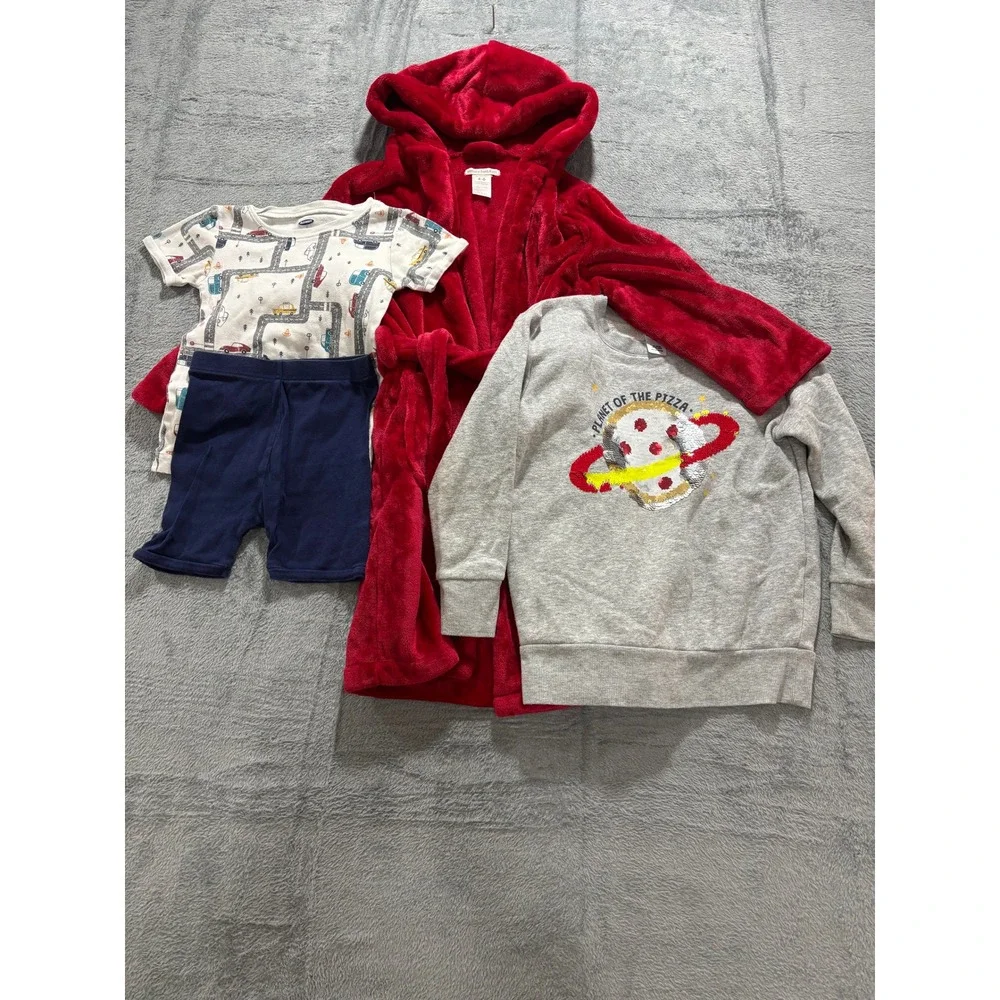 Pottery Barn Old Navy Boys 4-7 Red Robe Pizza Pajama Bundle 3pc Cozy Winter Set